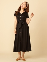 ウエストリボンカットマキシワンピース/ブラック