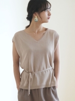 ウエストリボンラメニットトップス/ベージュ