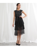 エコレザー×チュールティアードワンピース/ブラック(027)