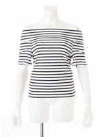 オフショルダーボーダープルオーバー/ホワイト×ネイビー