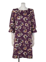 グログランフラワープリント袖異素材切替ワンピース/花柄 パープル