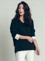 シャツ切替Vネックダブルジャージカットソー/ブラック