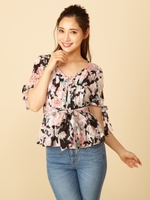 ジャガードフラワープリントブラウス/ブラック