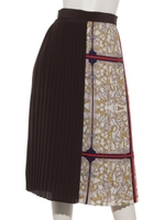 スカーフ柄×無地コンビプリーツスカート/ブラウン