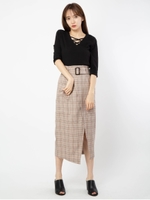 チェックラップ風タイトスカート/ベージュ
