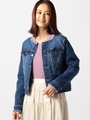 ノーカラーデニムジャケット/ブルー
