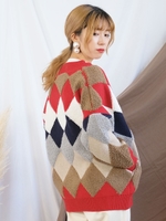 ボア切替アーガイル柄ニットカーディガン/レッド