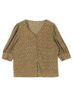 リーフプリントパフスリーブブラウス/ブラウン