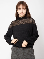 レース切替プチハイニットソー/ブラック