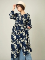 花柄ノーカラーロングブラウス/ネイビー