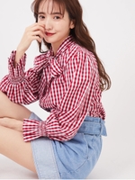 袖ボリュームリボンブラウス/レッド