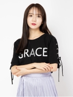 袖レースアップロゴTシャツ/ブラック