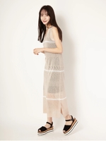 透かし編みボーダーニットワンピース/ベージュ