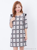 花柄×チェックフロッキープリントワンピース