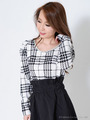 えりパール付単色チェックpriパワショルTOPS