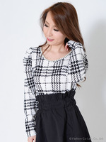 えりパール付単色チェックpriパワショルTOPS