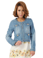 ノーカラーキルティングデニムジャケット