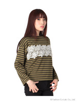 ポンチボーダーレース付き長袖プルオーバー