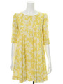 刺繍フラワープリントトラペーズワンピース/イエロー