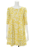 刺繍フラワープリントトラペーズワンピース/イエロー