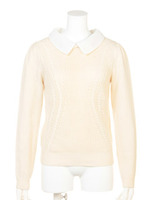 カラー付きケーブルラインニットトップス/ホワイト