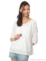 ビジューネックレス付きフロント総レーストップス/ホワイト