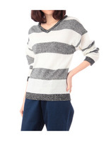 ボールドボーダーVネックニット/オフホワイト(303)