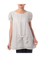 リボンつきメッシュチュニックカットソー/ホワイト(002)