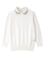 衿ビジューコットンニットプルオーバー/ホワイト(001)