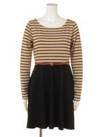 差込ポンチボーダー×無地ベルト/ベージュ